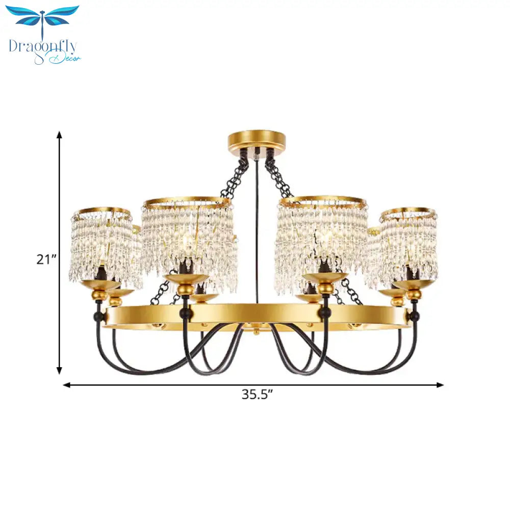 6/8 Lights Crystal Pendant Chandelier Countryside Gold Curving Bedroom Ceiling Suspension Lamp