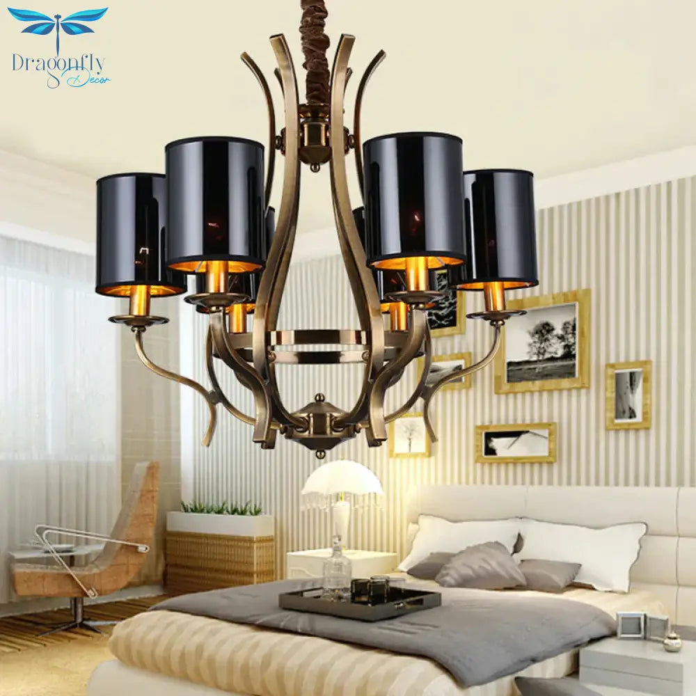 6/8 Lights Cylinder Chandelier Farmhouse Black Fabric Hanging Ceiling Lamp With Iron Vase Design