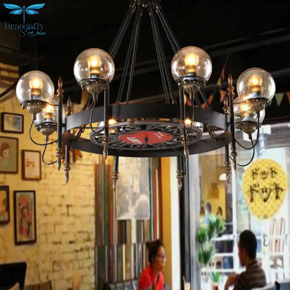 6/8 Lights Globe Chandelier Traditional Style Black Metal Pendant Light Fixture For Dining Room