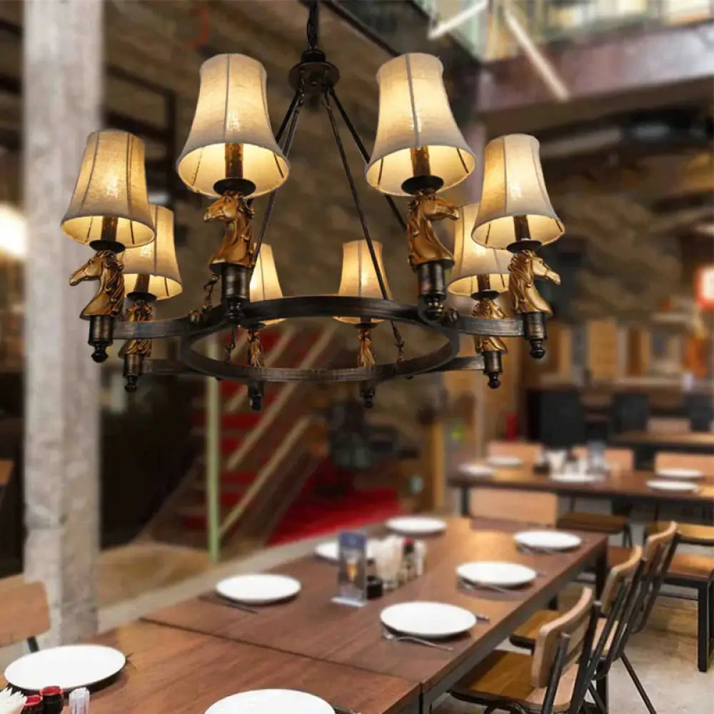 6/8 Lights Hanging Lamp Country Tapered Fabric Chandelier Lighting Fixture In White For Dining Room