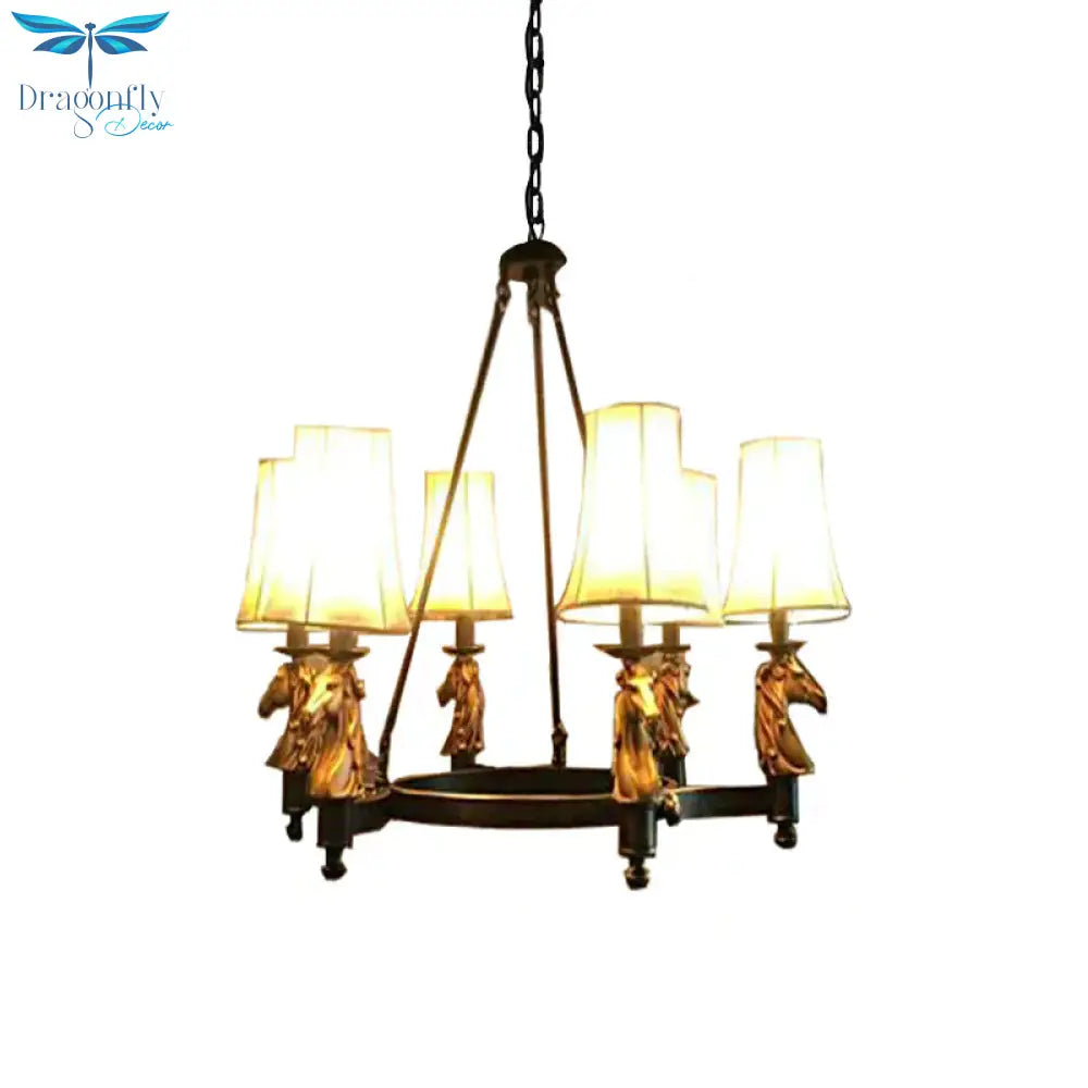 6/8 Lights Hanging Lamp Country Tapered Fabric Chandelier Lighting Fixture In White For Dining Room