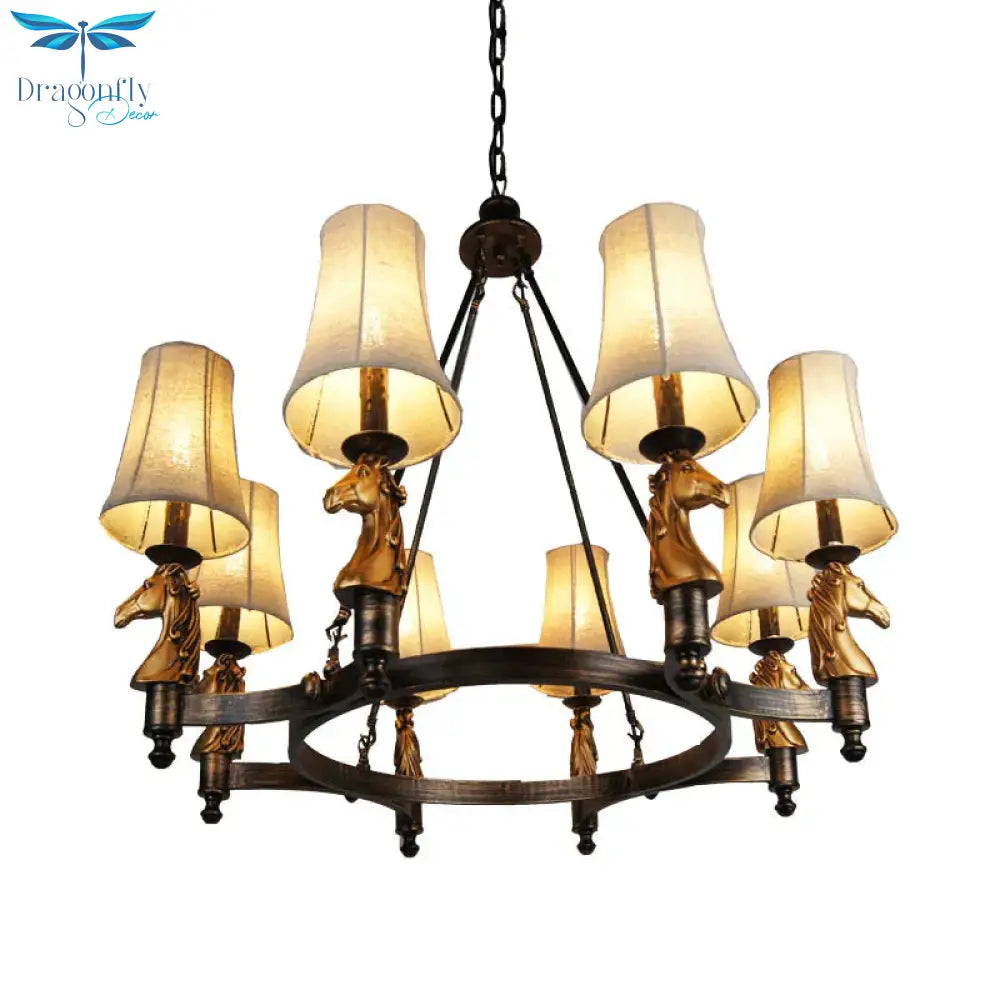 6/8 Lights Hanging Lamp Country Tapered Fabric Chandelier Lighting Fixture In White For Dining Room