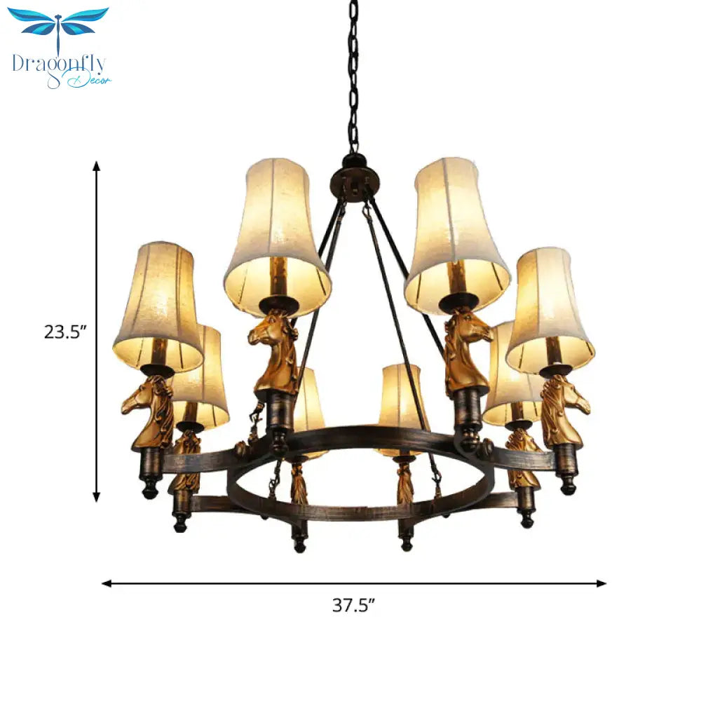 6/8 Lights Hanging Lamp Country Tapered Fabric Chandelier Lighting Fixture In White For Dining Room