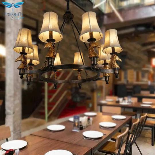 6/8 Lights Hanging Lamp Country Tapered Fabric Chandelier Lighting Fixture In White For Dining Room