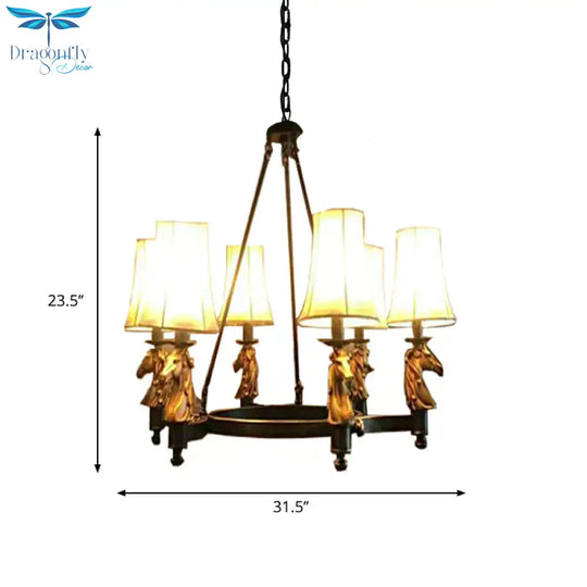 6/8 Lights Hanging Lamp Country Tapered Fabric Chandelier Lighting Fixture In White For Dining Room