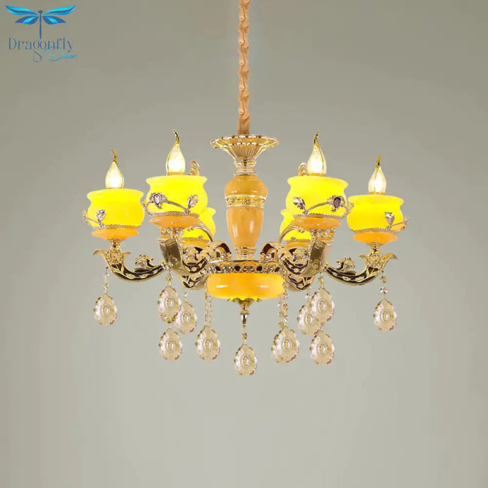 6/8 Lights Jade Ceiling Chandelier Antique Gold Candelabra Dining Room Pendant With Dangling Crystal