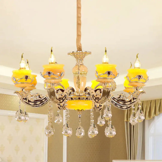 6/8 Lights Jade Ceiling Chandelier Antique Gold Candelabra Dining Room Pendant With Dangling