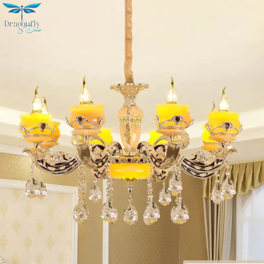 6/8 Lights Jade Ceiling Chandelier Antique Gold Candelabra Dining Room Pendant With Dangling Crystal