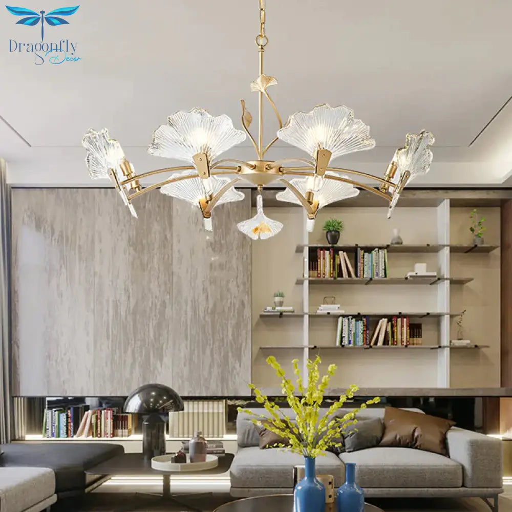 6/8 Lights Leaf - Shaped Ceiling Chandelier Rustic Brass Crystal Hanging Pendant Light For Living