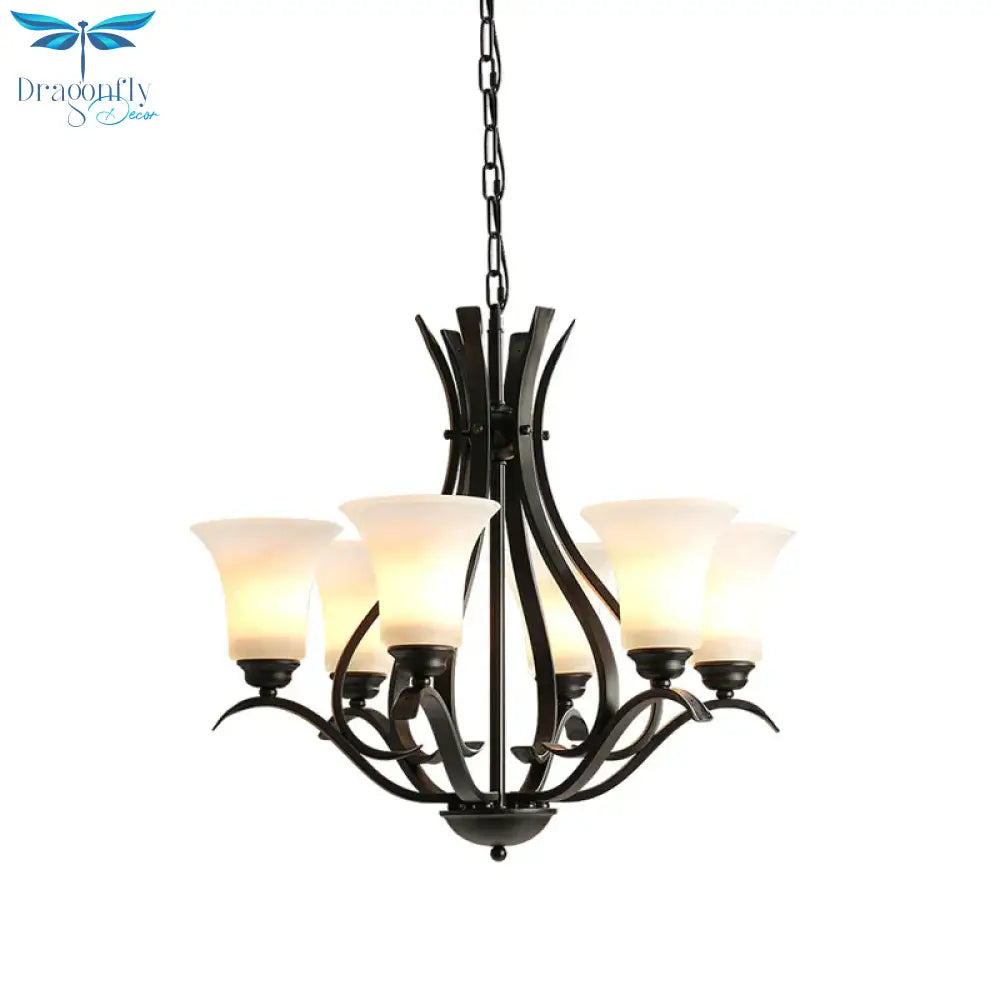 6/8 Lights Milk Glass Chandelier Lamp Retro Style Black Bell Living Room Hanging Pendant Light With