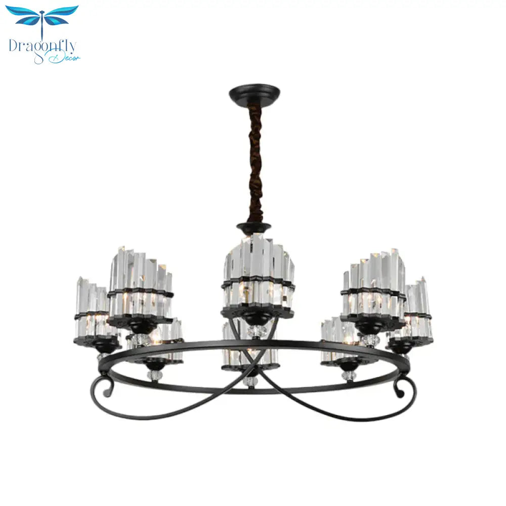 6/8 Lights Rectangle Light Chandelier With Ring Design Traditional Black Crystal Hanging Ceiling