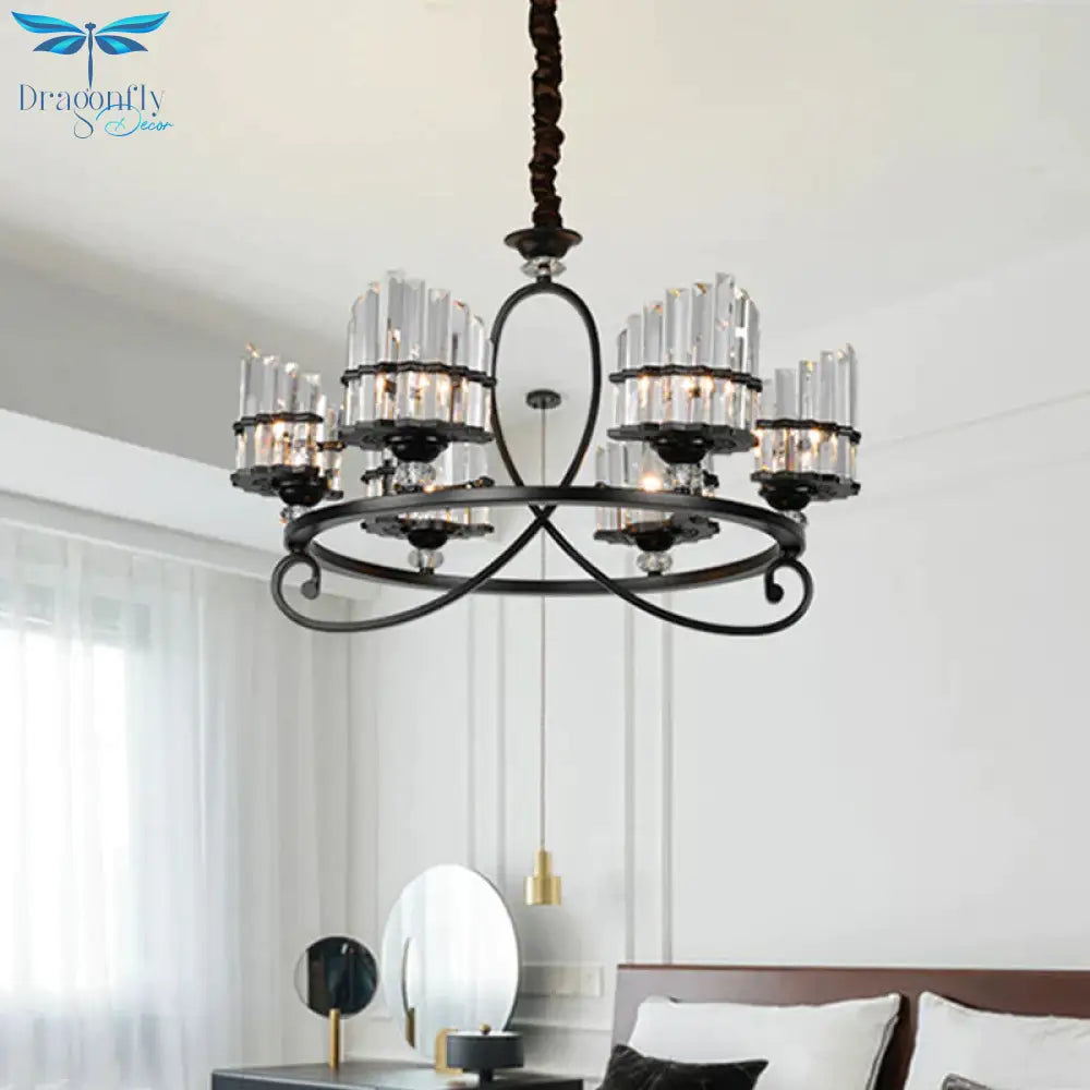 6/8 Lights Rectangle Light Chandelier With Ring Design Traditional Black Crystal Hanging Ceiling