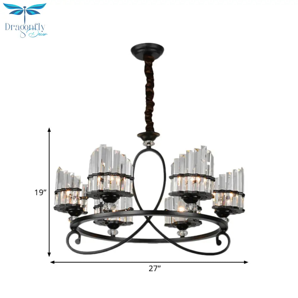 6/8 Lights Rectangle Light Chandelier With Ring Design Traditional Black Crystal Hanging Ceiling