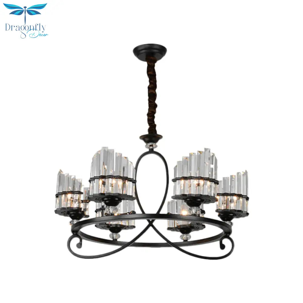 6/8 Lights Rectangle Light Chandelier With Ring Design Traditional Black Crystal Hanging Ceiling