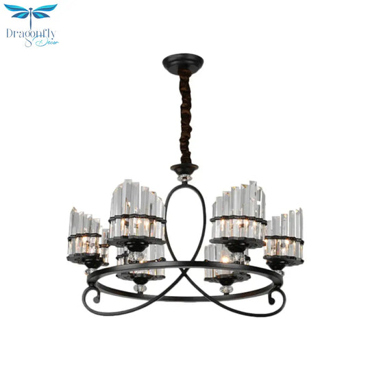 6/8 Lights Rectangle Light Chandelier With Ring Design Traditional Black Crystal Hanging Ceiling