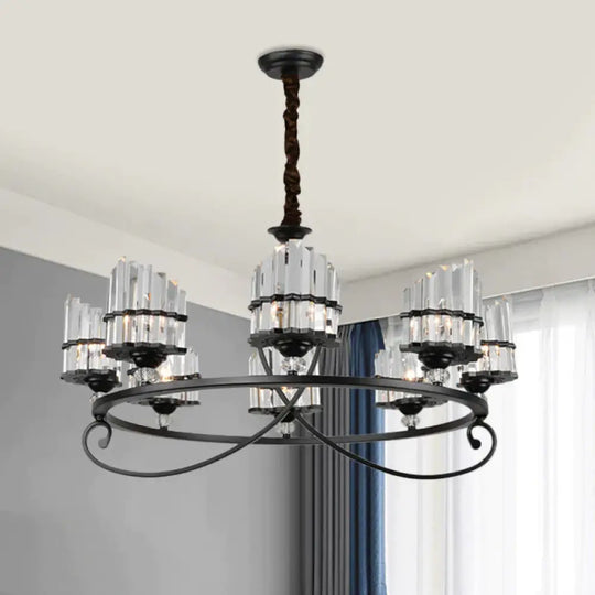 6/8 Lights Rectangle Light Chandelier With Ring Design Traditional Black Crystal Hanging Ceiling
