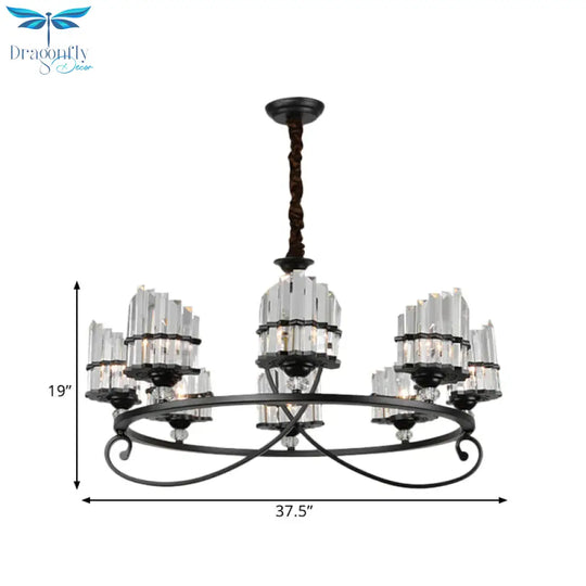6/8 Lights Rectangle Light Chandelier With Ring Design Traditional Black Crystal Hanging Ceiling