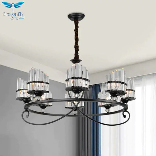 6/8 Lights Rectangle Light Chandelier With Ring Design Traditional Black Crystal Hanging Ceiling