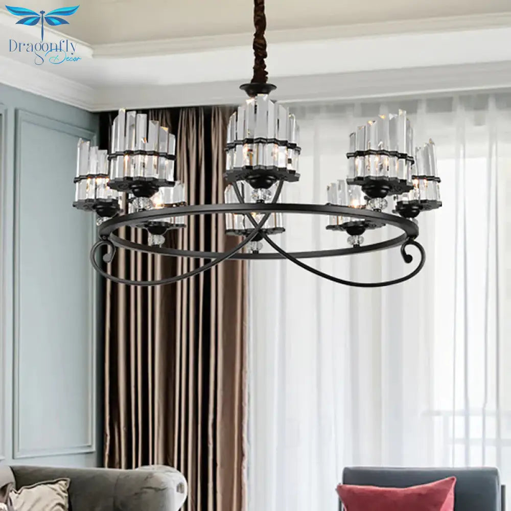 6/8 Lights Rectangle Light Chandelier With Ring Design Traditional Black Crystal Hanging Ceiling