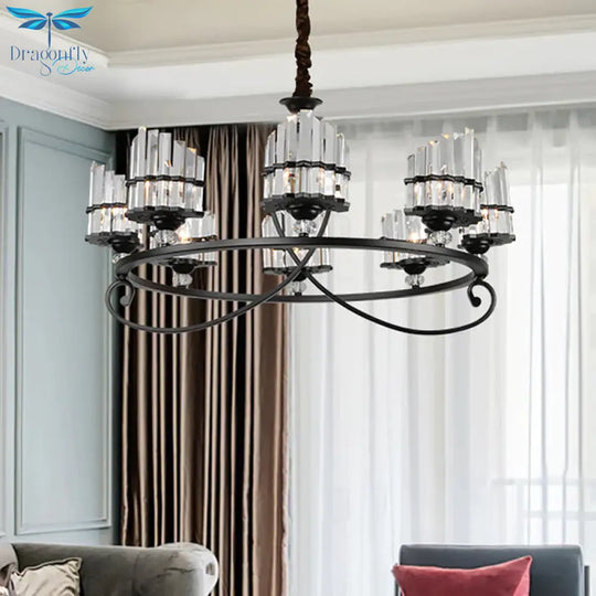 6/8 Lights Rectangle Light Chandelier With Ring Design Traditional Black Crystal Hanging Ceiling