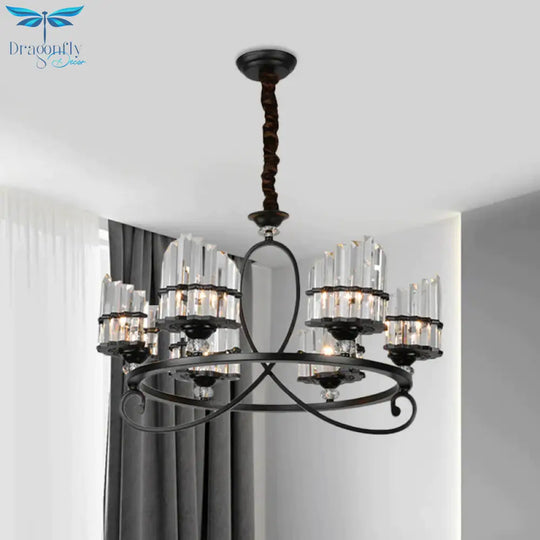 6/8 Lights Rectangle Light Chandelier With Ring Design Traditional Black Crystal Hanging Ceiling