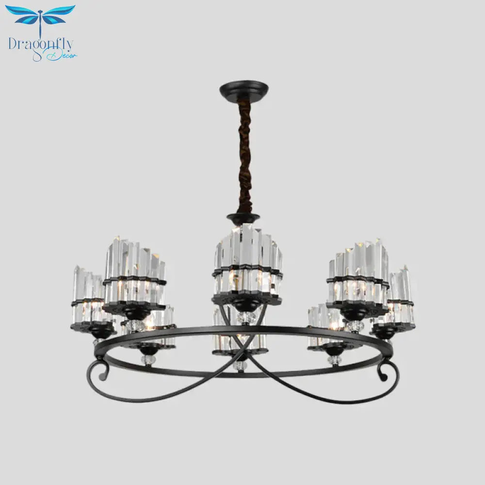 6/8 Lights Rectangle Light Chandelier With Ring Design Traditional Black Crystal Hanging Ceiling