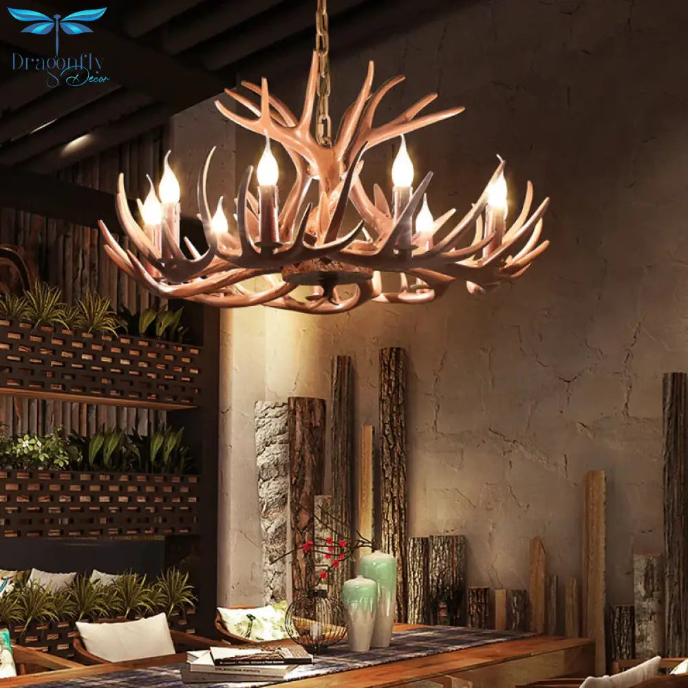 6/8 Lights Resin Chandelier Pendant Lighting Countryside Brown Branch Restaurant Ceiling Hang