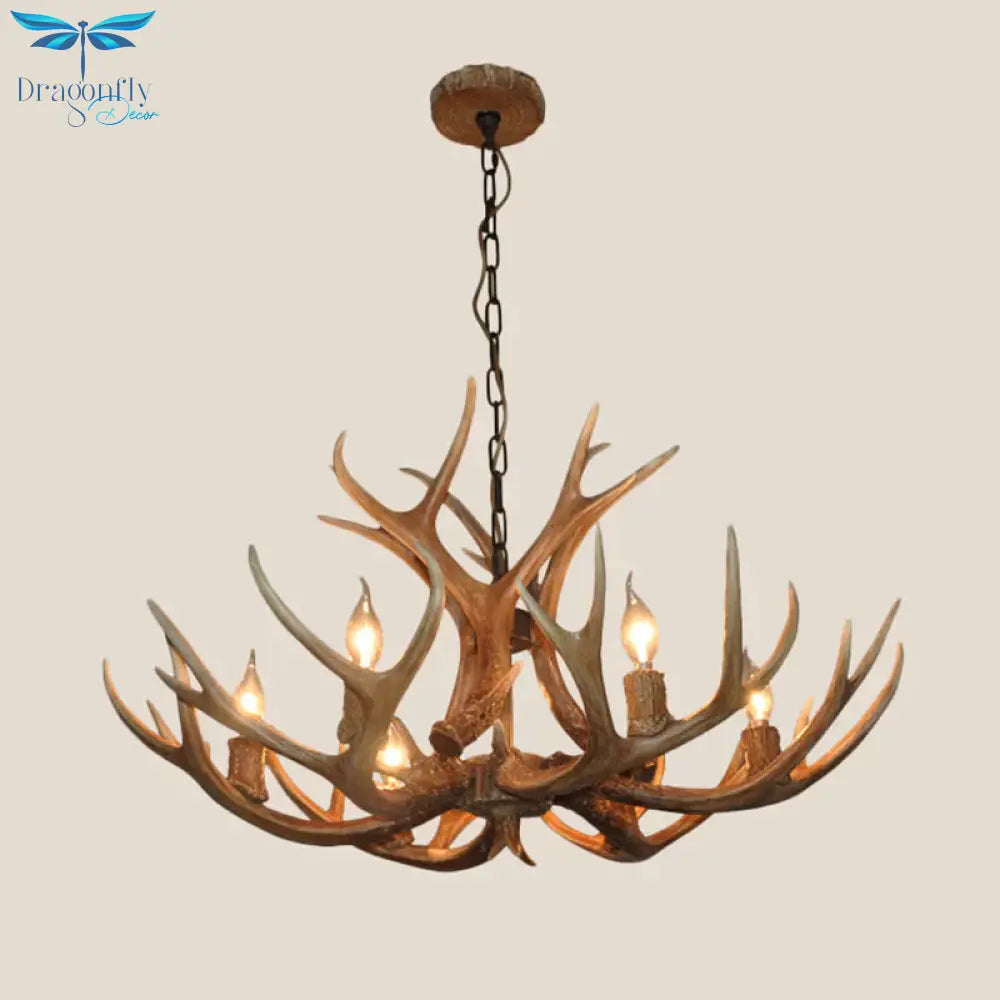 6 - Bulb Antler Candelabra Chandelier Farmhouse Brown Resin Ceiling Suspension Lamp For Dining Room