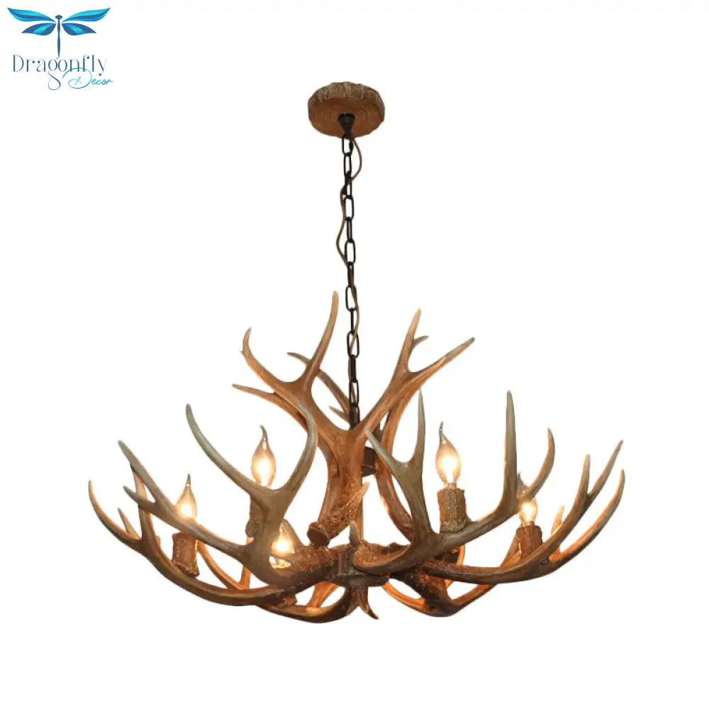 6 - Bulb Antler Candelabra Chandelier Farmhouse Brown Resin Ceiling Suspension Lamp For Dining Room