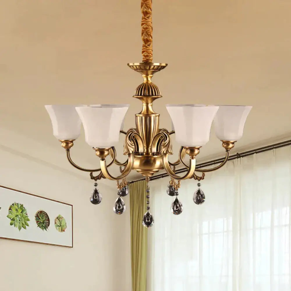 6 - Bulb Chandelier With Bell Shade Frosted Glass Classic Hallway Ceiling Suspension Lamp In Brass