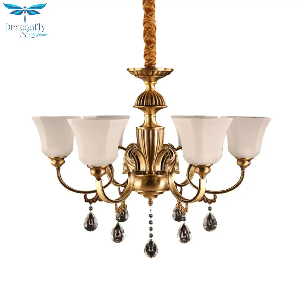 6 - Bulb Chandelier With Bell Shade Frosted Glass Classic Hallway Ceiling Suspension Lamp In Brass