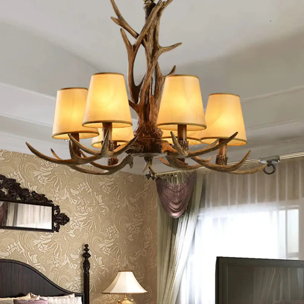 6 - Bulb Conical Chandelier Light Antique Brown Resin Suspension Pendant With Glass Shade For