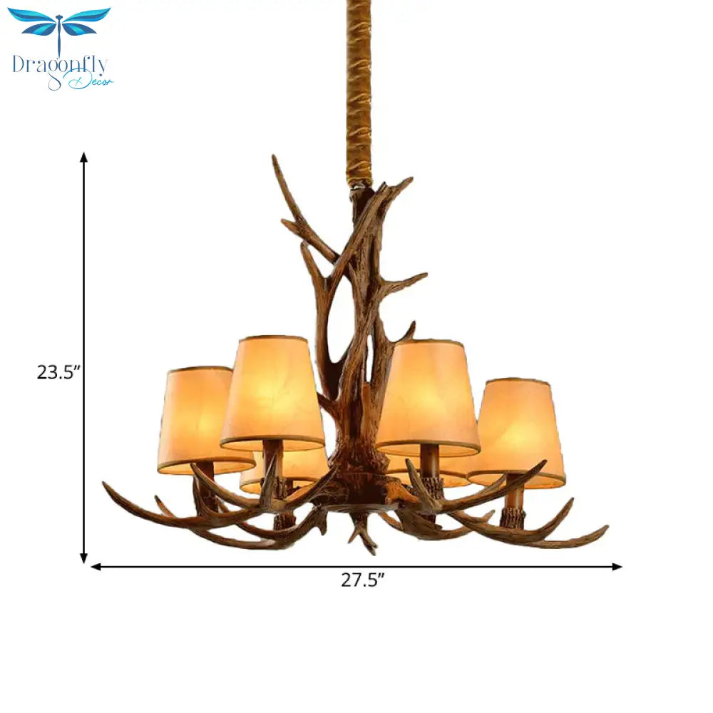 6 - Bulb Conical Chandelier Light Antique Brown Resin Suspension Pendant With Glass Shade For