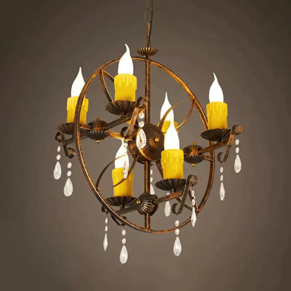 6 - Bulb Pendant Chandelier Vintage Candle Iron Hanging Light In Rust With Circle Design And