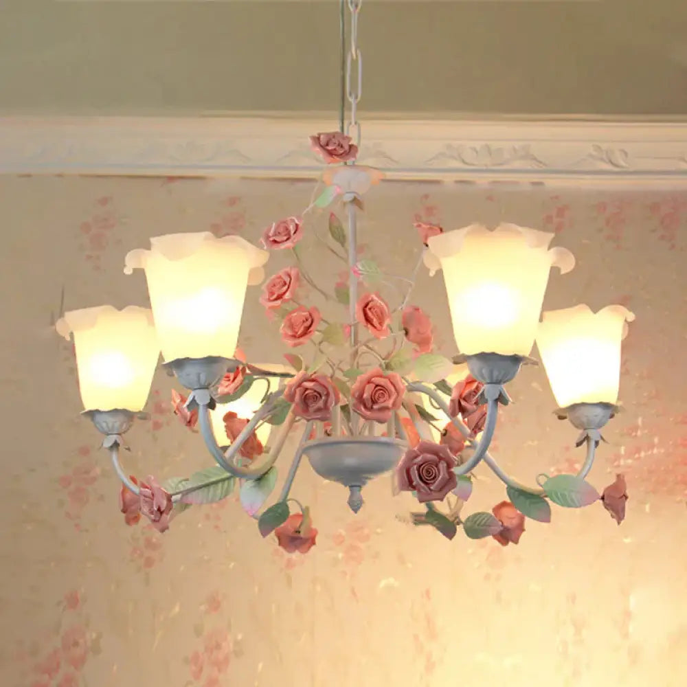 6 - Bulb White Glass Chandelier Lamp Pastoral Pink Rose Living Room Hanging Pendant Light