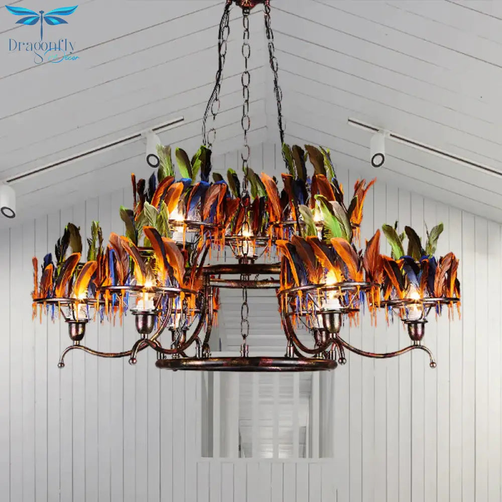 6 Bulbs 2 - Layer Pendant Light Antiqued Rust Iron Ceiling Chandelier With Red - Blue - Green