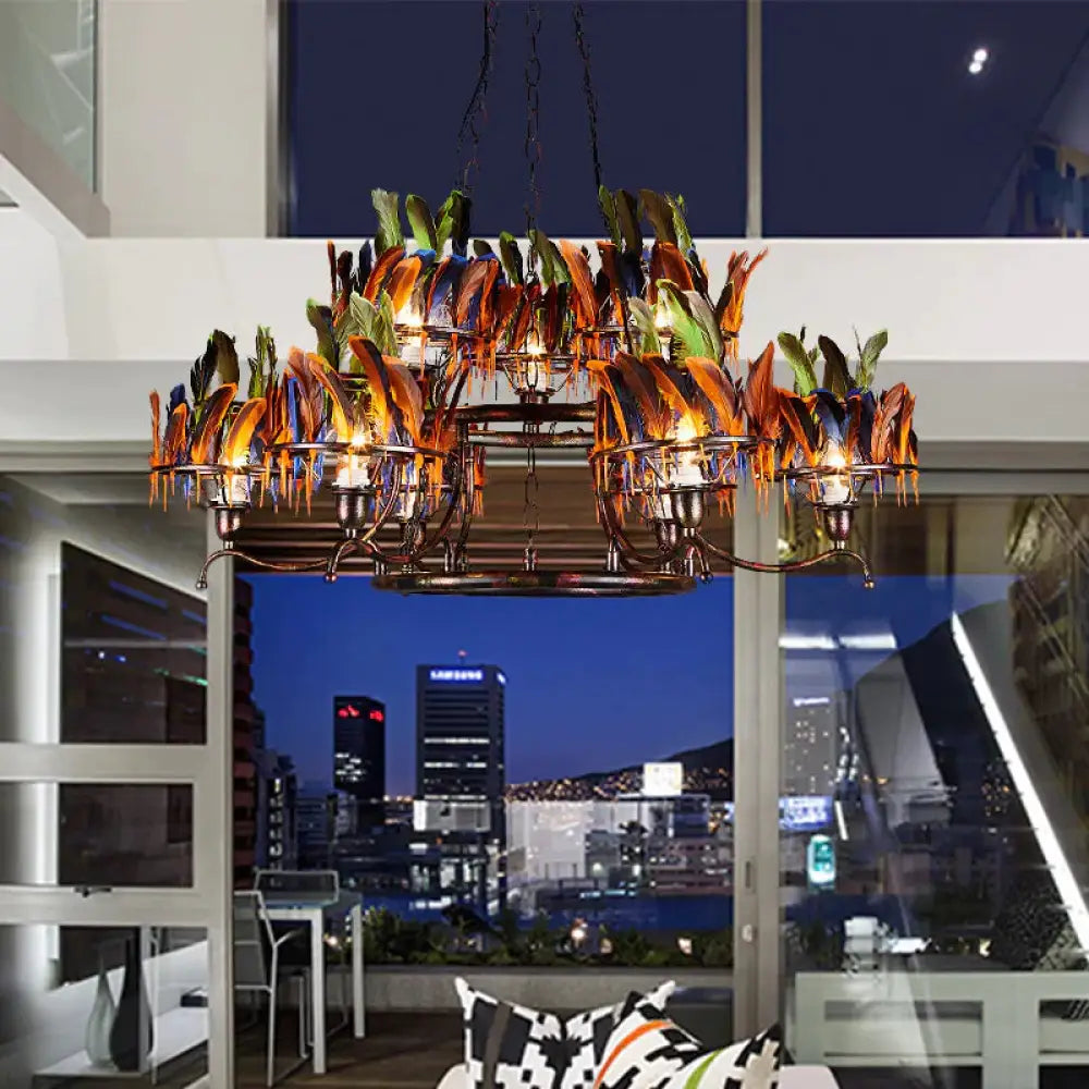 6 Bulbs 2 - Layer Pendant Light Antiqued Rust Iron Ceiling Chandelier With Red - Blue - Green