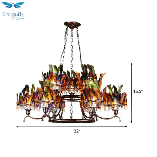 6 Bulbs 2 - Layer Pendant Light Antiqued Rust Iron Ceiling Chandelier With Red - Blue - Green