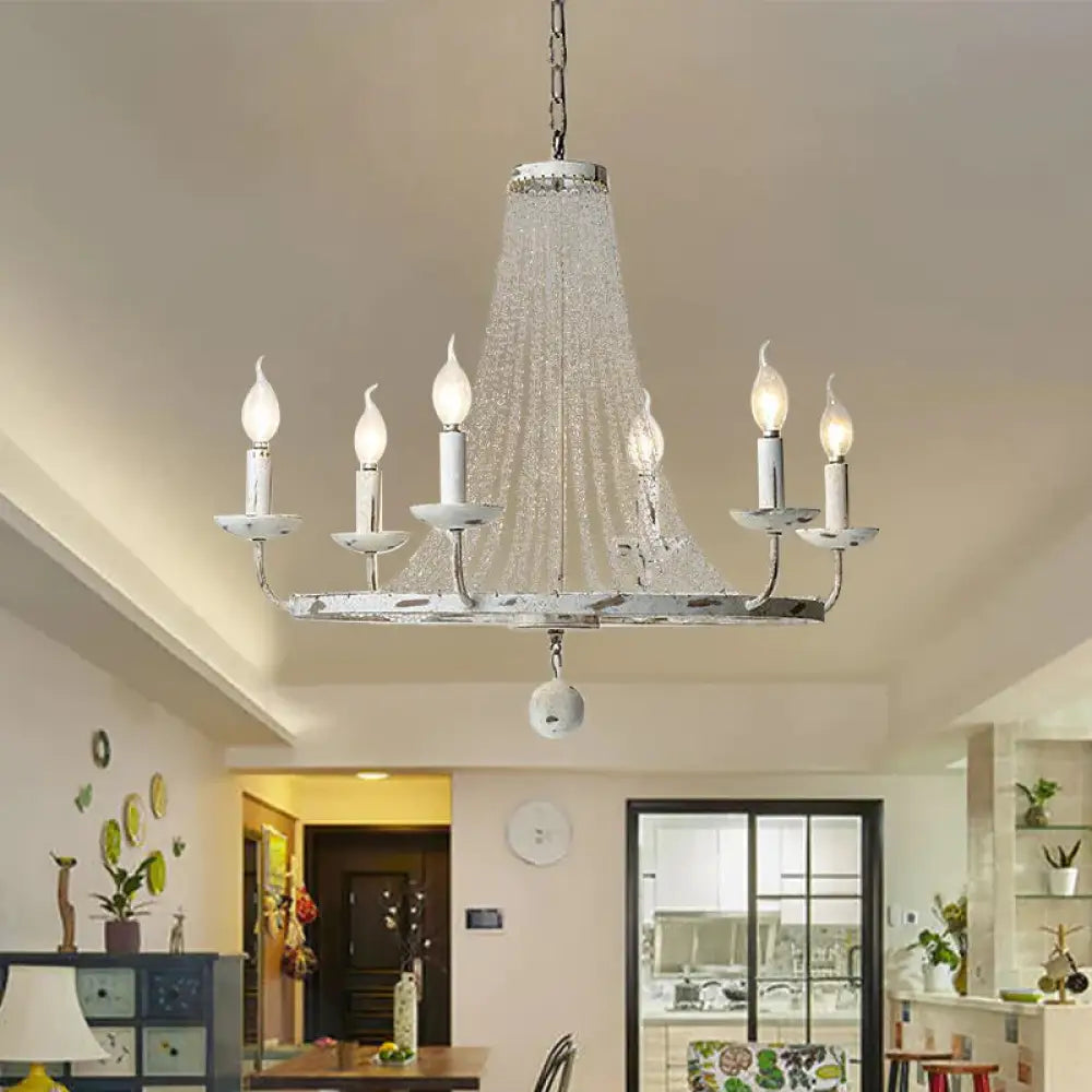 6 Bulbs Beaded Ceiling Chandelier Traditional Crystal Hanging Light Fixture In Distressed White