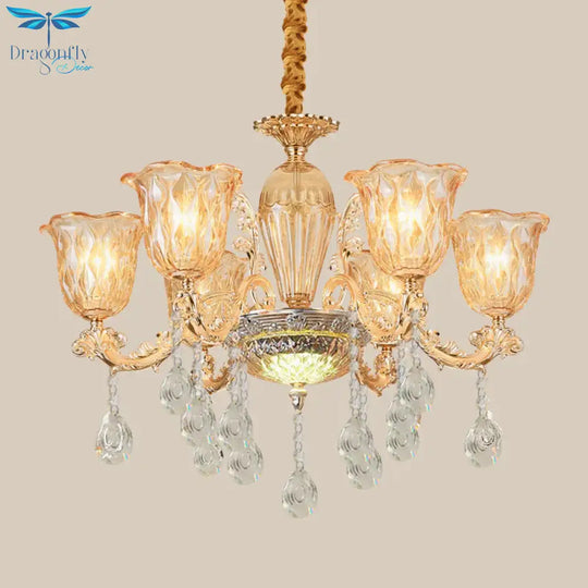 6 Bulbs Bell Up Chandelier Traditional Gold Clear Pebble Glass Hanging Light Fixture Over Table