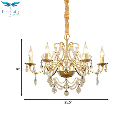 6 Bulbs Candle Hanging Chandelier Country Style Gold Finish Crystal Swag Pendulum Light