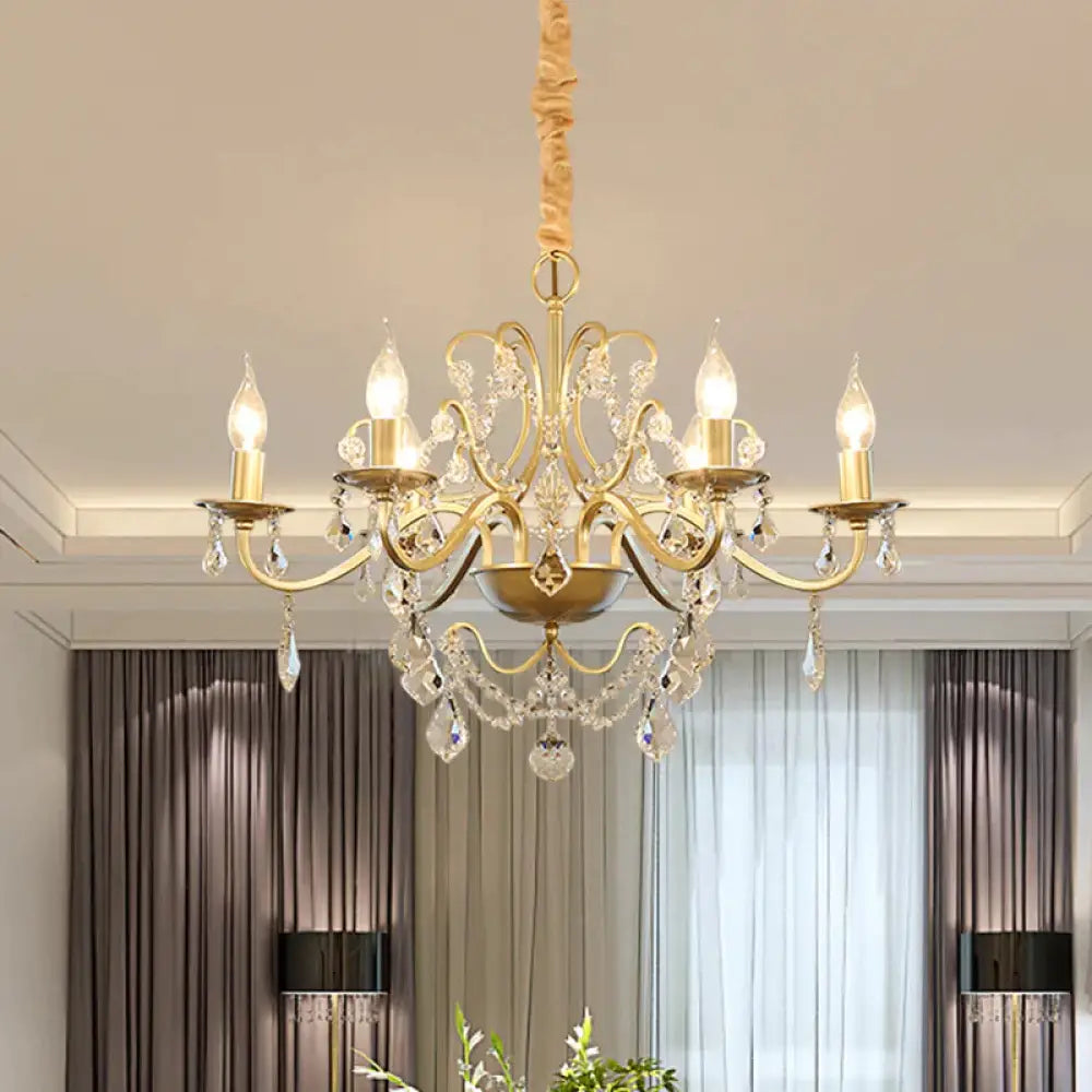 6 Bulbs Candle Hanging Chandelier Country Style Gold Finish Crystal Swag Pendulum Light