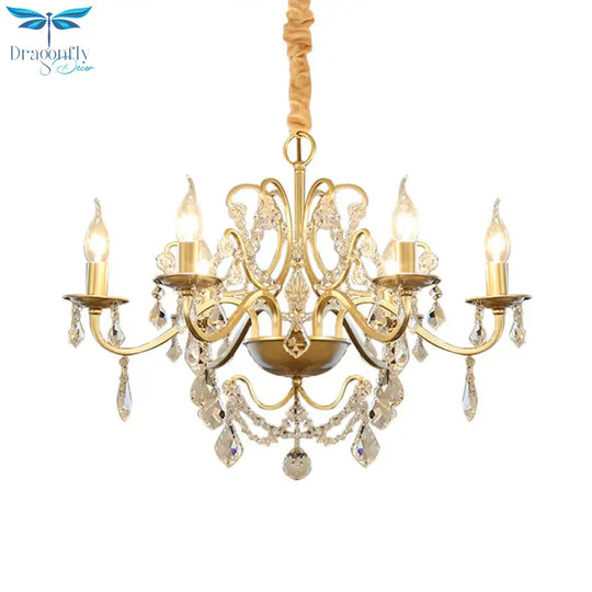6 Bulbs Candle Hanging Chandelier Country Style Gold Finish Crystal Swag Pendulum Light