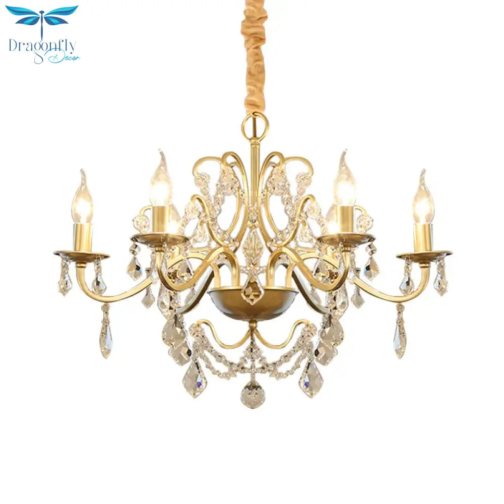 6 Bulbs Candle Hanging Chandelier Country Style Gold Finish Crystal Swag Pendulum Light