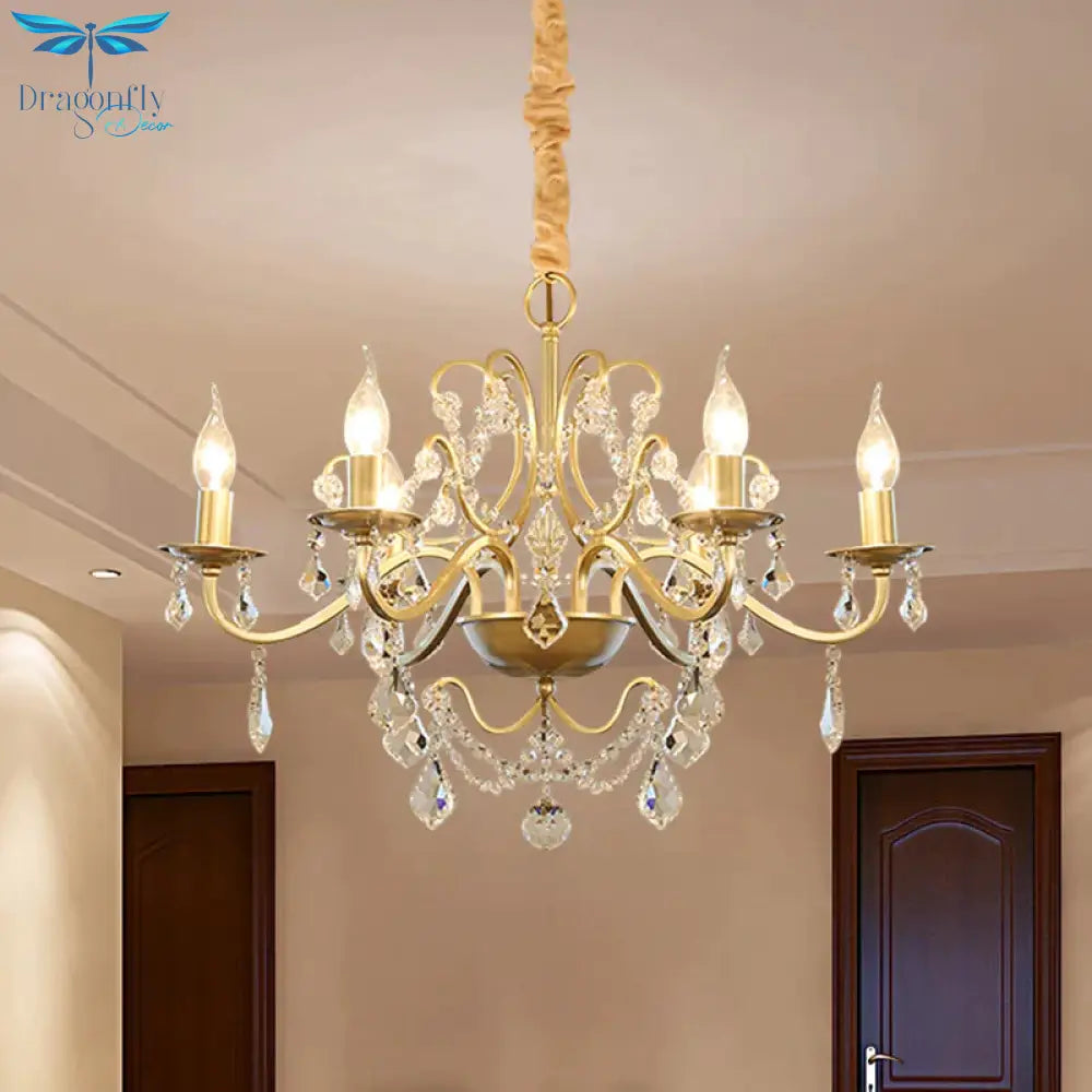 6 Bulbs Candle Hanging Chandelier Country Style Gold Finish Crystal Swag Pendulum Light