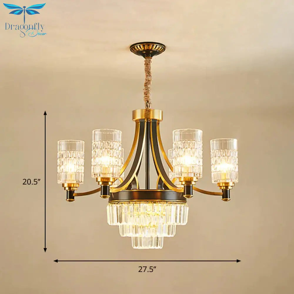 6 Bulbs Ceiling Pendant Retro Living Room Chandelier With Cylinder Clear Glass Shade In Gold