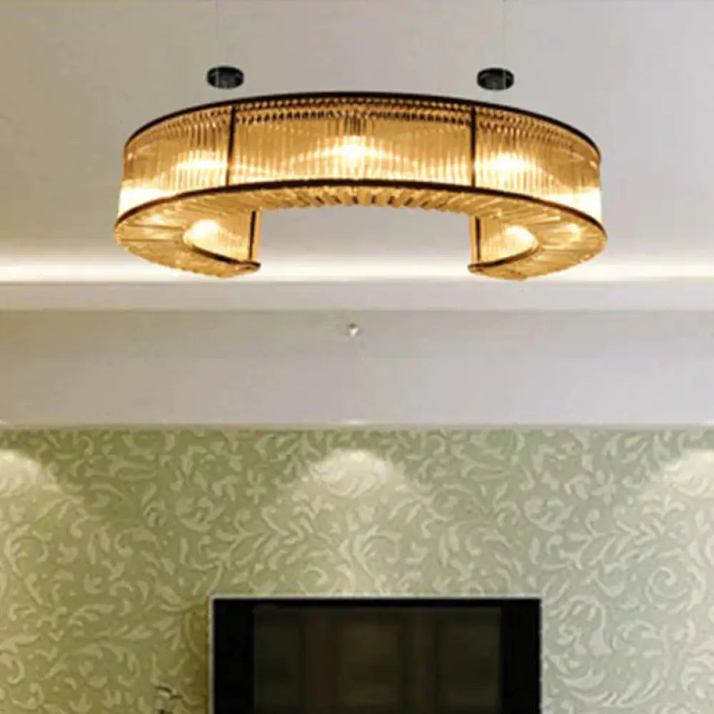 6 Bulbs Crystal Block Hanging Chandelier Vintage Gold C - Shaped Living Room Pendant Lighting