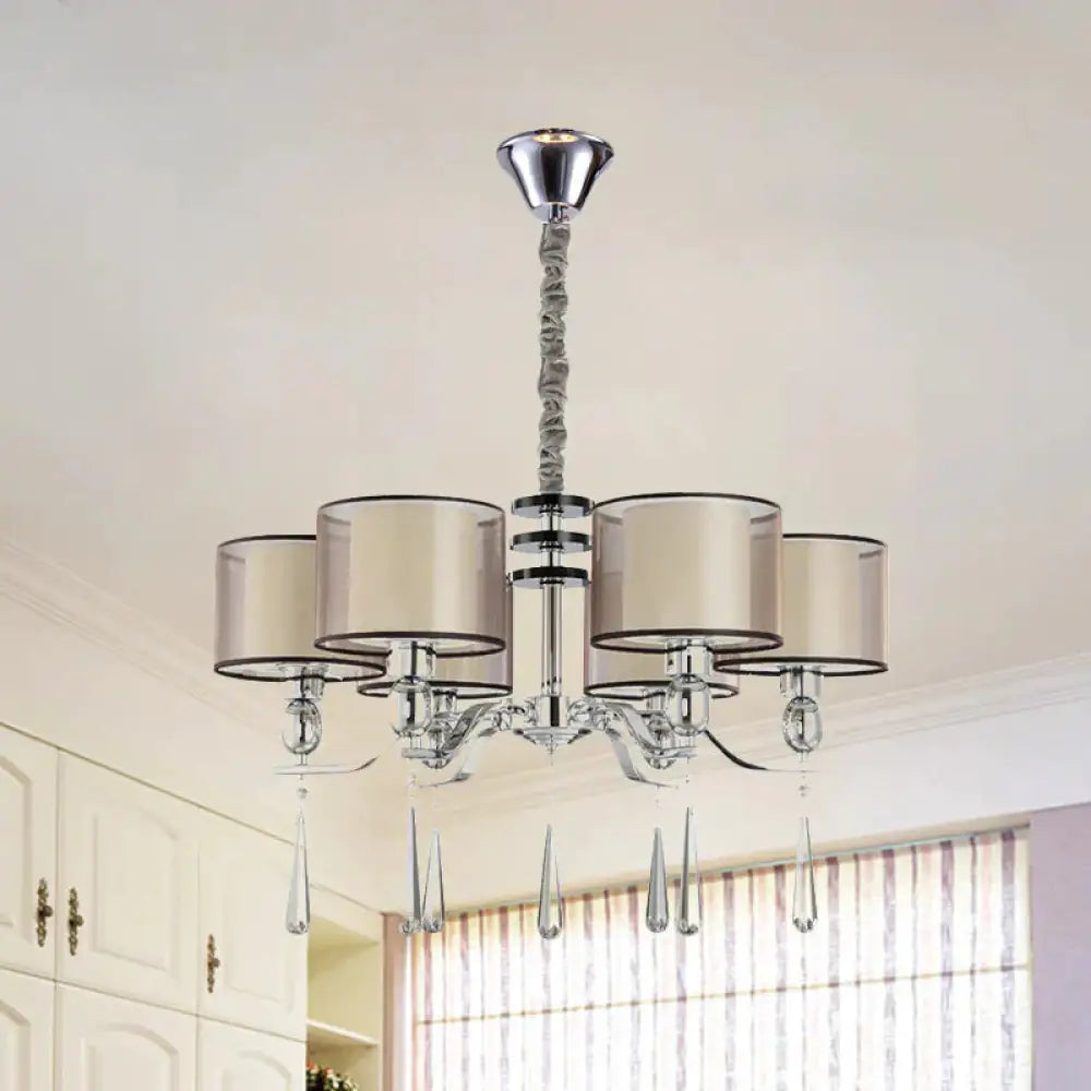 6 Bulbs Cylinder Chandelier Light Rustic Chrome Fabric Pendant Lighting Fixture With Crystal Drop
