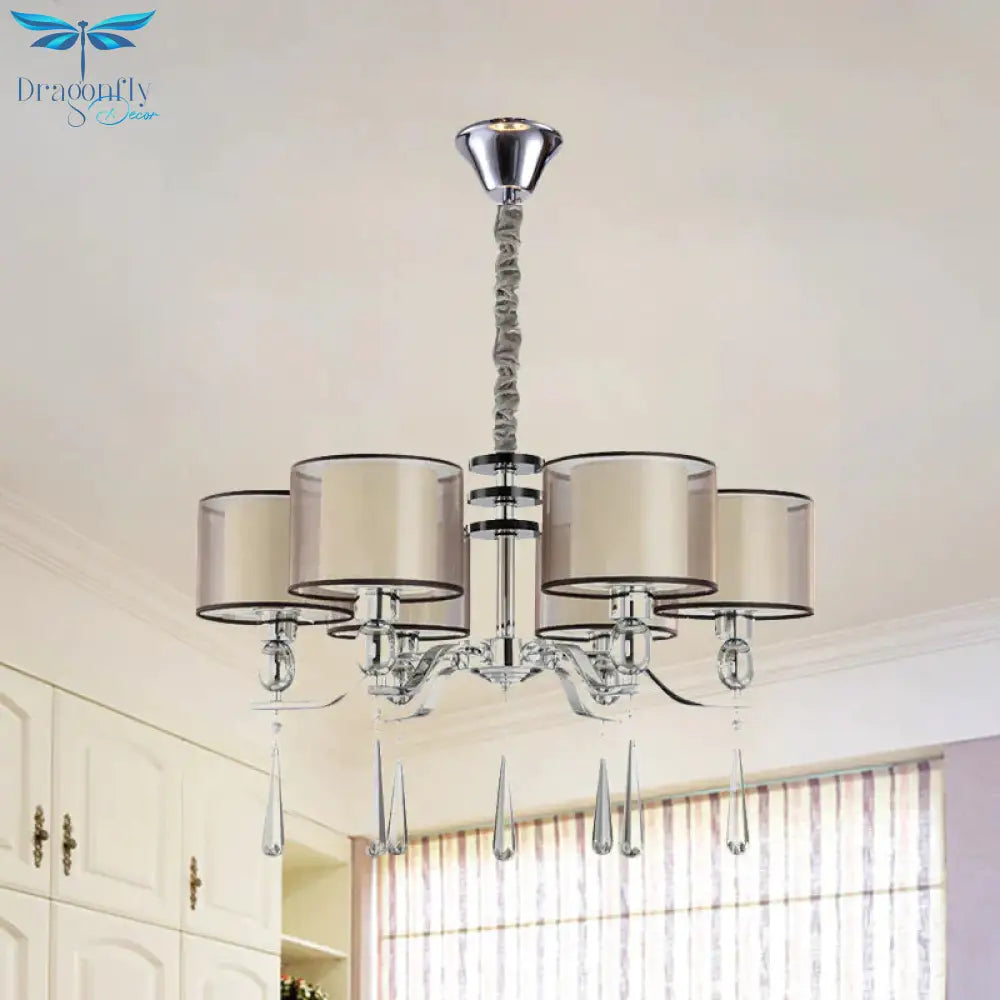 6 Bulbs Cylinder Chandelier Light Rustic Chrome Fabric Pendant Lighting Fixture With Crystal Drop