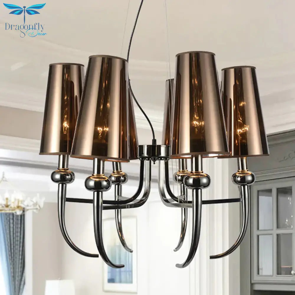 6 Bulbs Deep Cone Chandelier Light Rustic Black Iron Hanging Pendant With Horn Decor